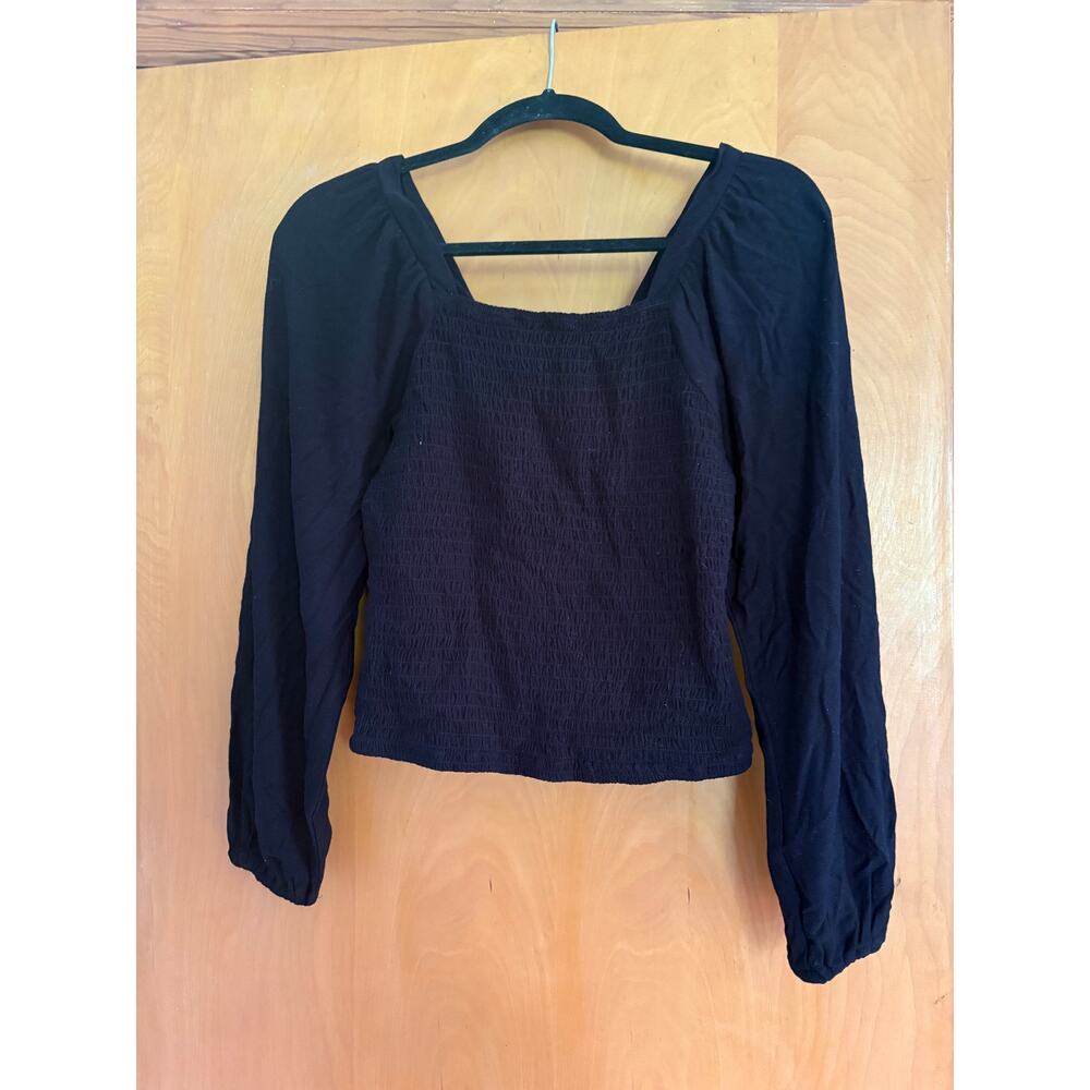ABLE Alma Smocked Top Black Square Neck Puff Sleeve Crop Top Size Small